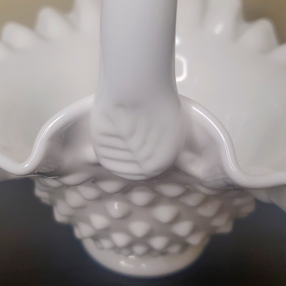 Fenton Hobnail Milk Glass Ruffle Bowl with Handle Simple Wedding Trinket Basket - Picture 4 of 5